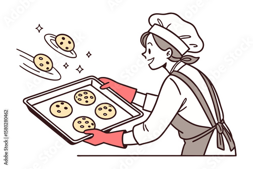 Joyful baker wearing a chef s hat and apron holds a baking sheet with freshly baked cookies with more cookies flying in the air