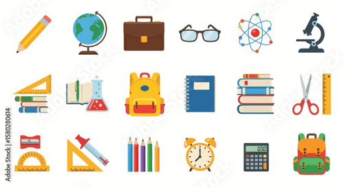 Flat Design School Supplies and Education Icons