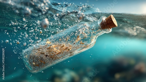 A glass bottle, corked, filled with debris, sinking underwater