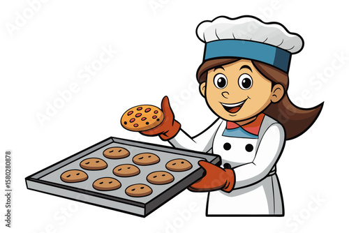 Smiling cartoon baker woman proudly presents freshly baked cookies on a baking sheet wearing chef hat and oven mitts