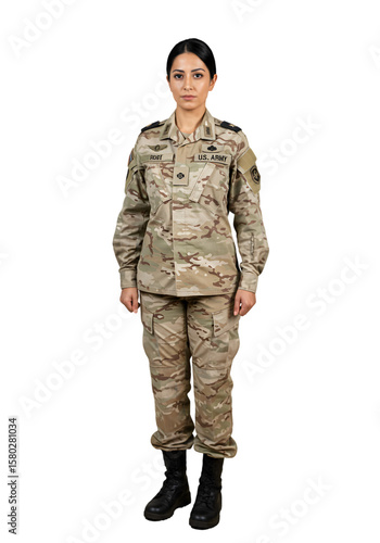 Isolated Portrait of Army Woman Soldier in Desert Camouflage Uniform