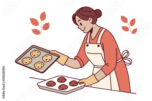 A cheerful woman wearing an apron and gloves carefully places a baking sheet filled with freshly baked chocolate chip cookies onto a table