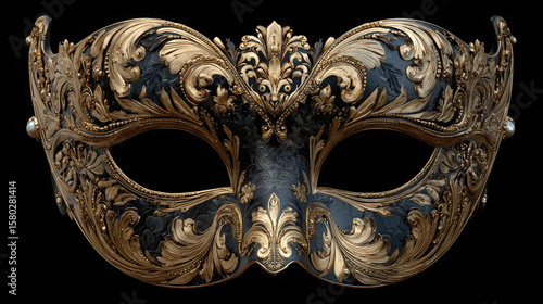 Ornate venetian mask with gold filigree and dark background in a detailed close up view