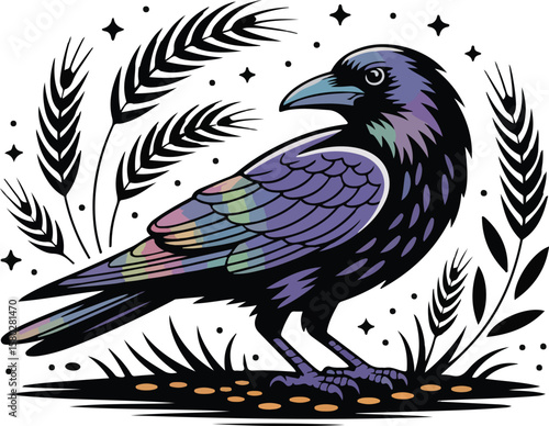 Colorful raven illustration with wheat ears and stars transparent vector png