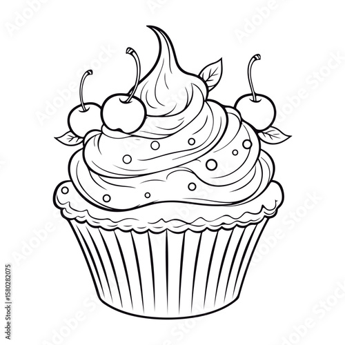 A black and white drawing of a cupcake coloring page illustration.