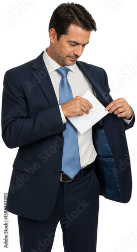Man Putting Bribe Money Envelope into Suit Pocket Isolated PNG