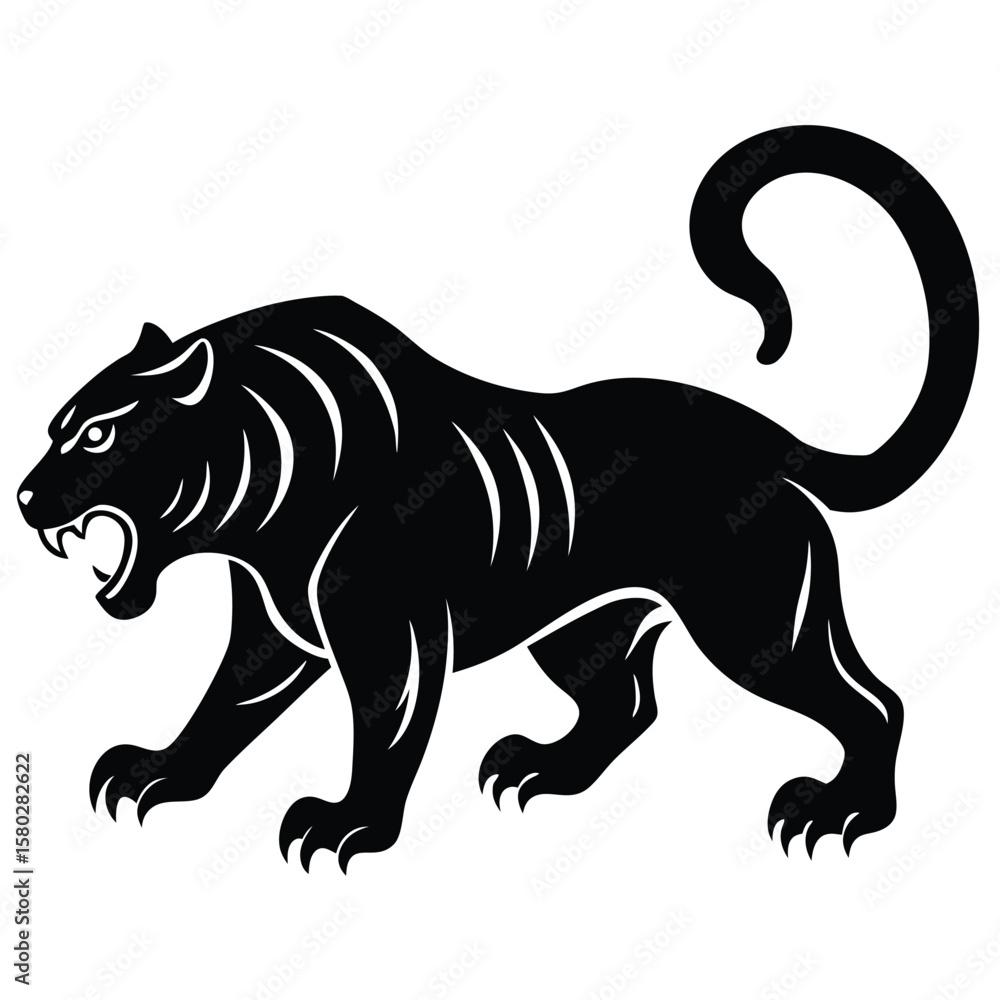 Obraz premium Black Panther Silhouette With Curved Tail and Open Mouth Growling on White