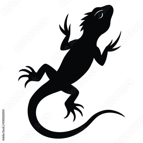 Black Silhouette of a Lizard Climbing Isolated on White Simple Design