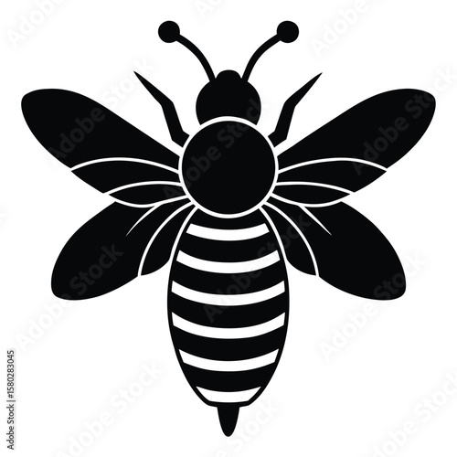 Bold black silhouette of a honeybee with striped abdomen and antennae
