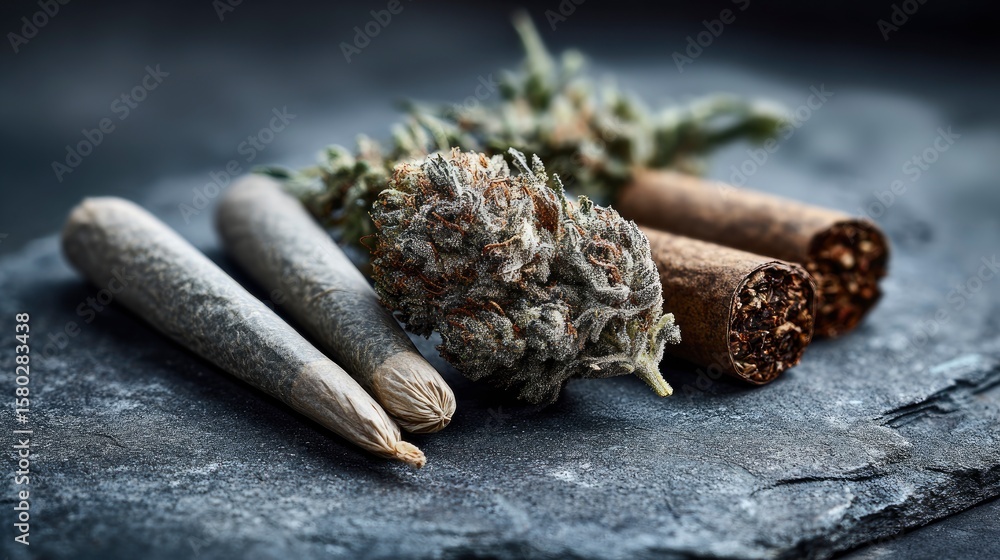 Fototapeta premium Two joints bud cigars lay on a dark slate surface closeup shot