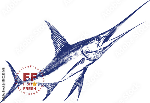 Blue marlin fish vector, swordfish illustration, sport fishing logo, ocean predator graphic, big game fish art, seafood emblem, nautical vintage design, marine life drawing.