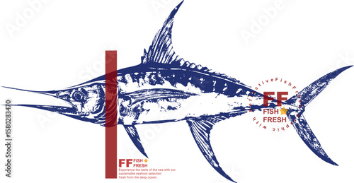 Blue marlin fish vector, swordfish illustration, sport fishing logo, ocean predator graphic, big game fish art, seafood emblem, nautical vintage design, marine life drawing.