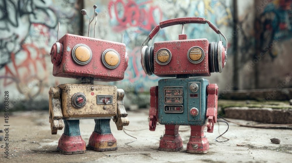 Fototapeta premium Two vintage toy robots stand outdoors one wears headphones both are weathered against a graffiti backdrop
