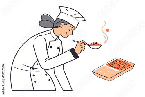 A skilled chef in a white uniform and hat carefully tastes a spoonful of food with a dish of ingredients nearby