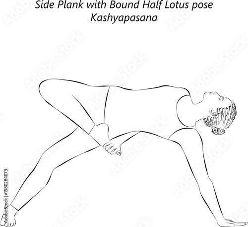 Sketch of young woman practicing Kashyapasana yoga pose. Side Plank with Bound Half Lotus yoga pose. Isolated vector illustration.