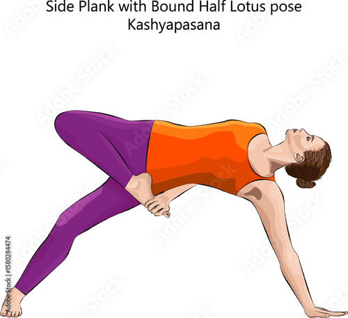 Young woman practicing Kashyapasana yoga pose. Side Plank with Bound Half Lotus yoga pose. Intermediate Difficulty. Isolated vector illustration.