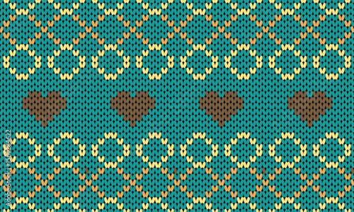 Charming knitted pattern featuring brown hearts and delicate yellow floral rings on a teal backdrop. Perfect for cozy, romantic designs, textiles, winter crafts, and handmade-inspired digital projects