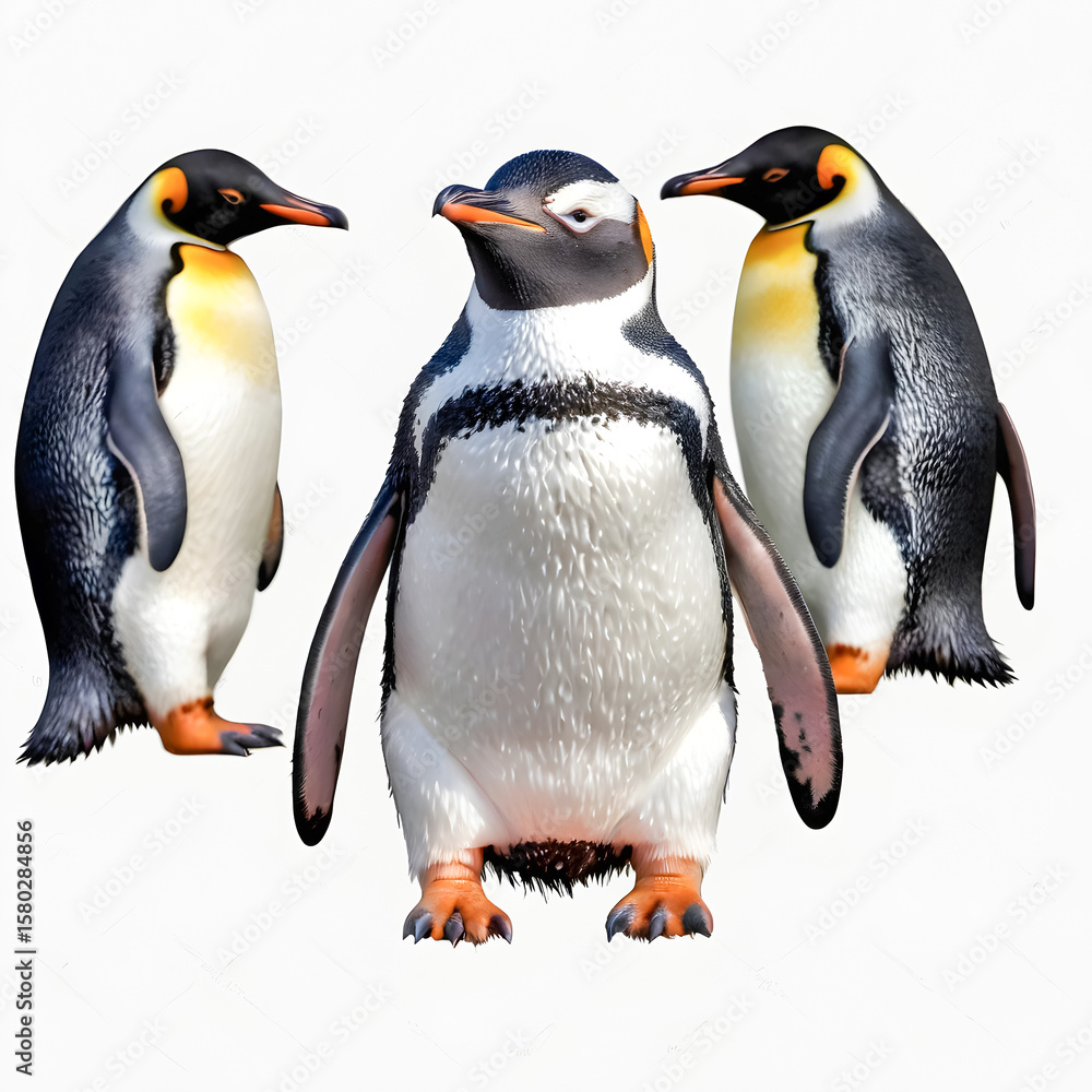 Fototapeta premium Group of three penguins standing upright on white background