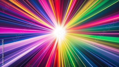 Vibrant rainbow light streaks bursting from a bright white center creating an abstract explosion of color