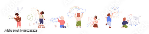 Kids drawing, set. Cute children with chalks sketching doodles, scribbles on walls. Preschool boys and girls, creative kindergarten characters. Flat vector illustration isolated on white background