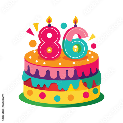 Festive birthday cake with colorful candles and decorations number eighty six celebration