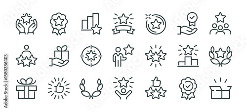 Best Award, Exclusive Benefit, High Rank Premium, Special Offer Icons Pack. Such Line Signs as Champion Award, Stars, Gift. Vector Icons Set for Web and App in Outline Style Editable Stroke.