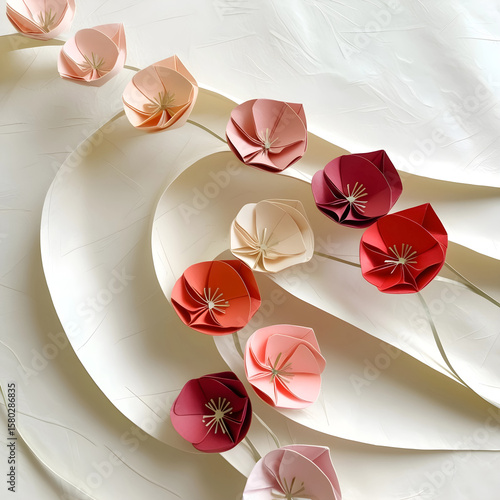  Origami Flowers in a Gradient of Pink, Red, and Orange Hues on Wavy Fabric.