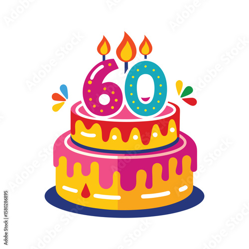 Festive two tier birthday cake with colorful number sixty candles celebration