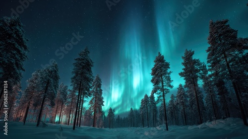 Night forest aurora borealis