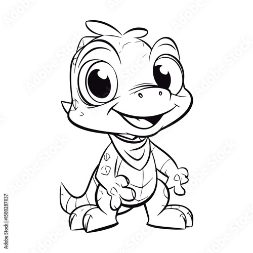 Cute cartoon baby Caiman kawai Black and white vector illustration for coloring book.