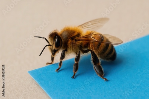 A solitary honeybee stands poised on a blue surface, its wings at rest, ready to dive into the world of pollination