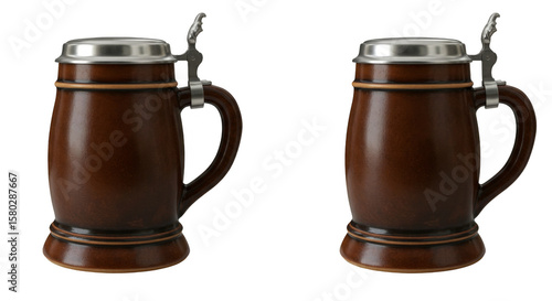 Two Brown Beer Stein Mugs Traditional German Oktoberfest Drink Still