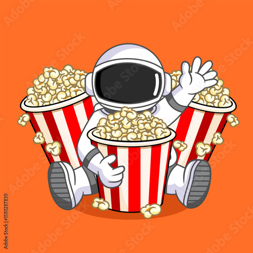 Astronaut Surrounded by Popcorn Buckets Enjoying a Movie Vector Illustration Cartoon Design
