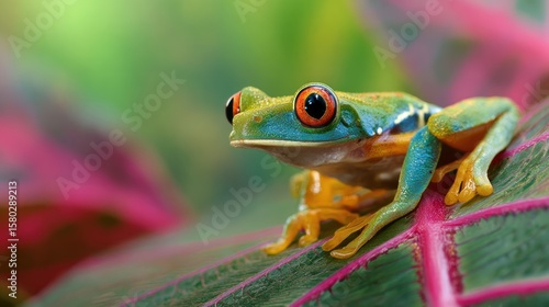 Vibrant red-eyed tree frog on a leaf