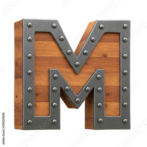 Wooden Letter M with Metal Rivets Isometric Font Alphabet Design