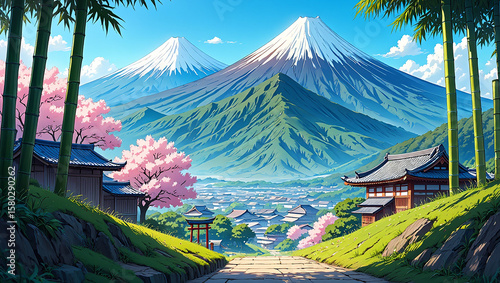 tropical landscape with tropical island and sea,Mount Fuji, Japanese landscape, traditional village, cherry blossoms, Japan mountains, scenic view, spring season, cultural heritage, Asian architecture