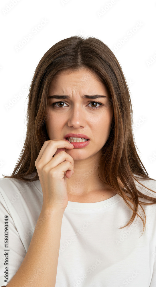 Worried Woman Close Up Portrait with Nail Biting Transparent Background Worried Woman Close Up Portrait with Nail Biting Transparent Background