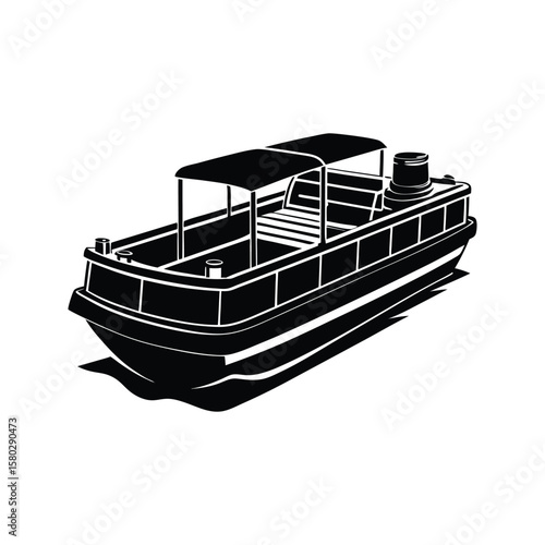 Sleek black pontoon boat with canopy and seating watercraft leisure boat