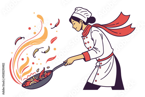 A skilled chef in a white uniform with a red scarf expertly cooks spicy ingredients in a pan creating a vibrant culinary display