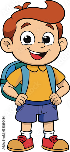 Vector art of a happy cartoon boy with a backpack is standing and smiling, isolated on white background
