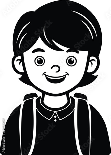Vector art of a black and white cartoon of a smiling boy with a backpack is ready for school, isolated on white background

