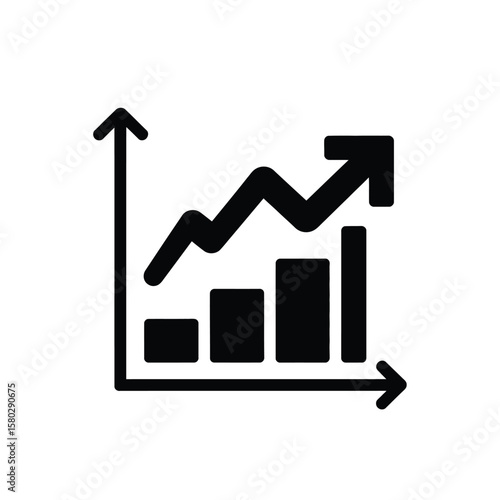 Black icon of a bar graph with an upward trending line graph and arrow