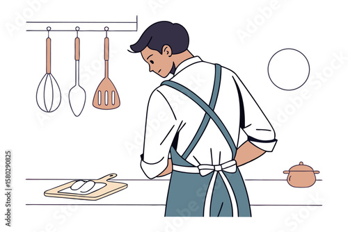 A chef in an apron prepares food on a cutting board in a minimalist kitchen with hanging utensils and a pot