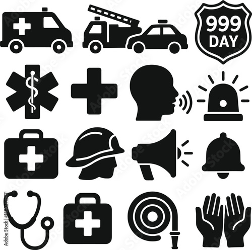 A solid black silhouette vector illustration EPS set or collection design on a white background, featuring symbols related to Emergency Services Day (999 Day). 