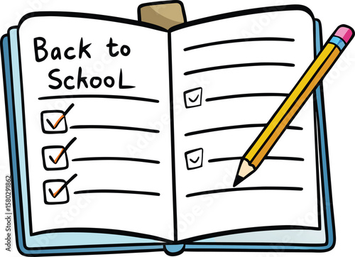 Vector art of an open notebook with a back to school checklist and a pencil symbolizes preparation for the academic year
