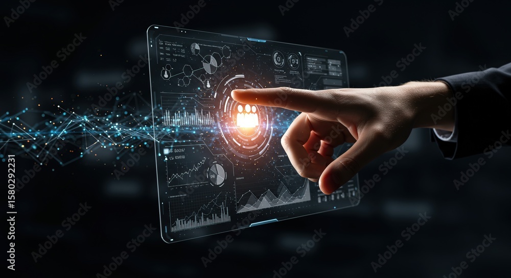 Fototapeta premium Hand interacts with a futuristic digital screen showing data analysis and network visualizations for modern technology.