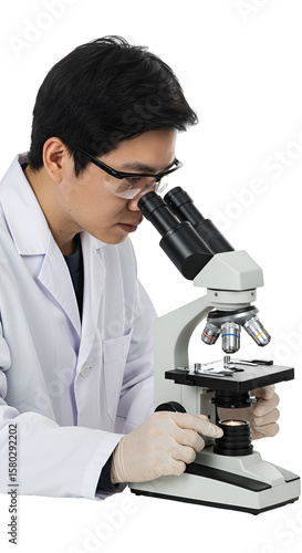 Realistic Image Of Man In Lab Coat Using Microscope On Transparent Background