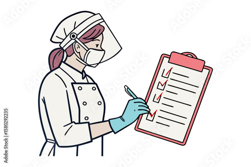 Healthcare professional in protective gear meticulously checks off items on a clipboard symbolizing diligence and task completion