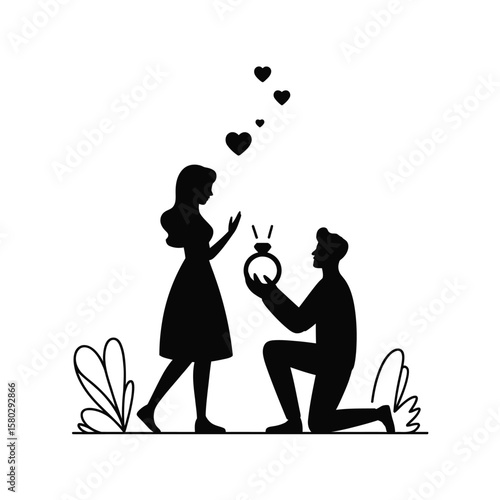Silhouette of a man proposing marriage to a woman with a ring and hearts