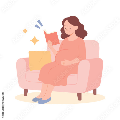 Pregnant woman sitting on a sofa and reading a book. Expectant mother in comfortable home setting. Cozy pregnancy and maternity concept in flat cartoon style. Vector illustration on white background.